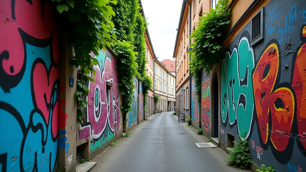 Spalvinga Užupio kvartalo sienų meno fragmentai su graffiti ir žaliomis augalais