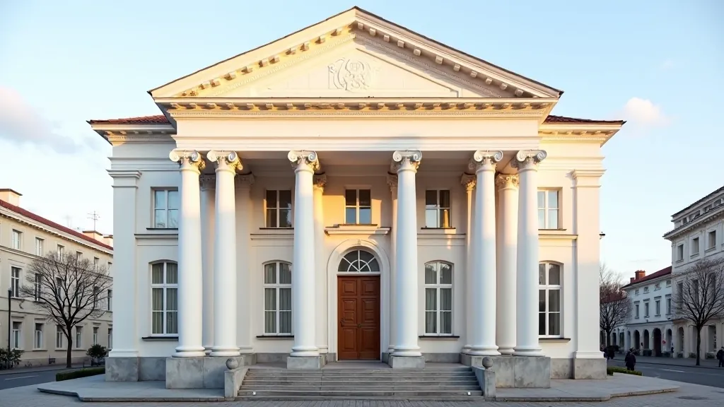 Klasicizmo stiliaus pastatas su kolonomis ir trikampiu frontu, elegantiškas fasadas Vilniaus centrinėje gatvėje