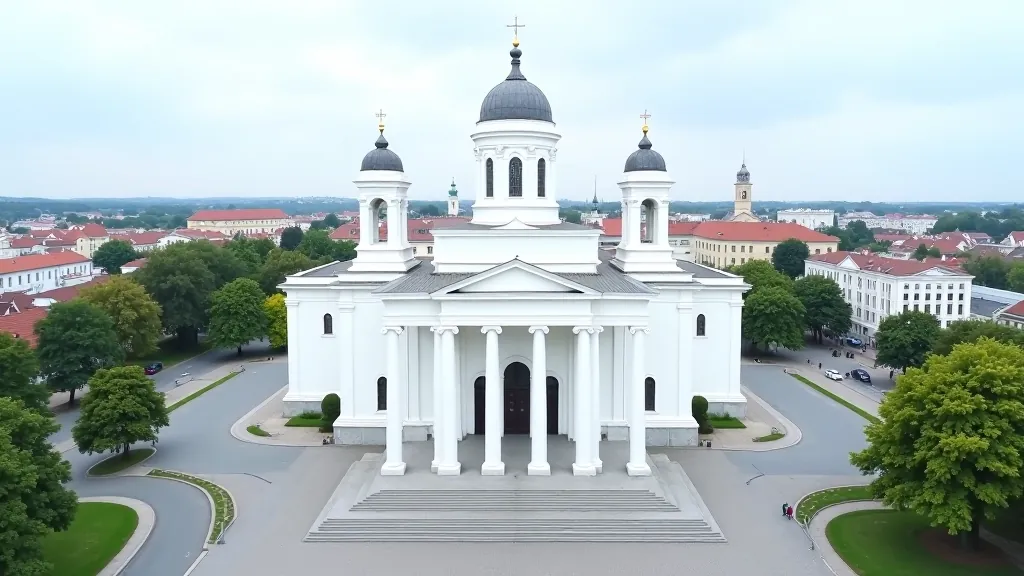 Balta Vilniaus katedra su šešiais stulpais iš viršaus, architektūrinis vaizdas